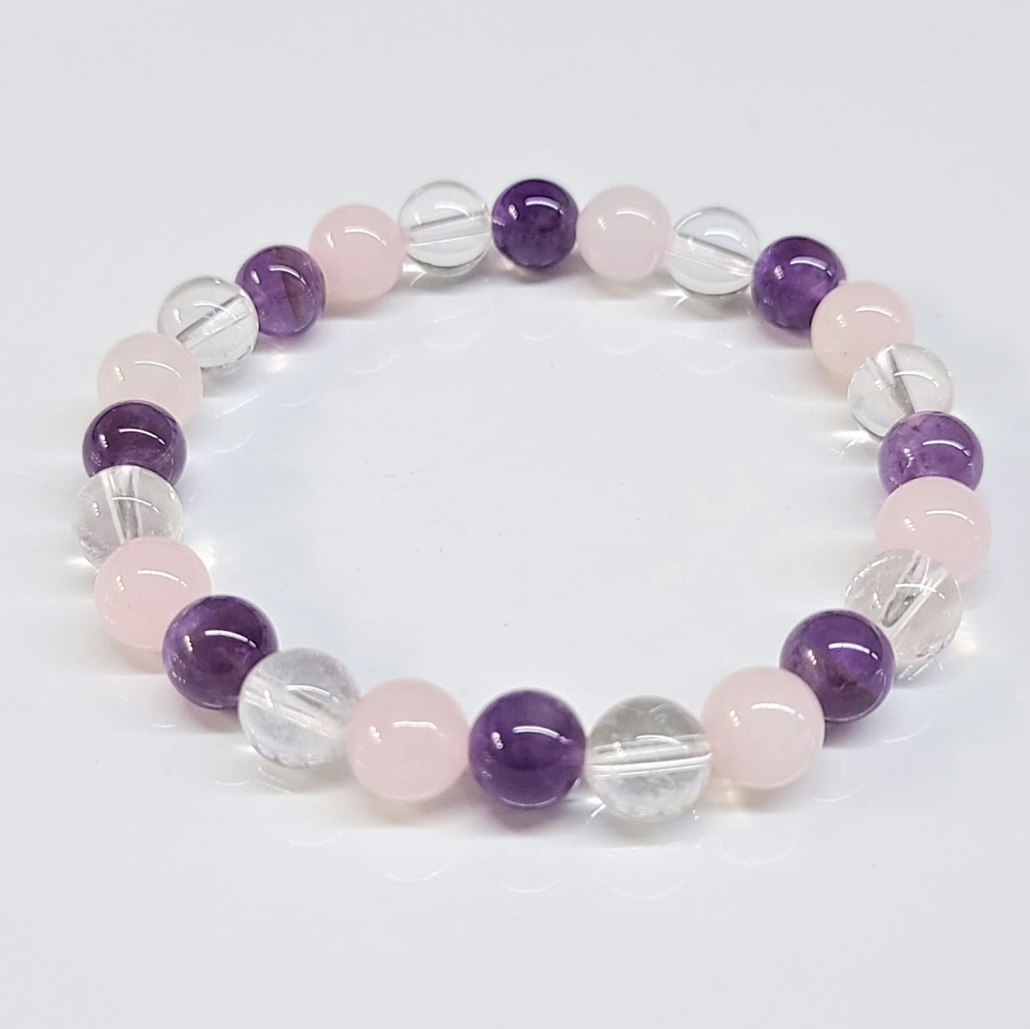 Amethyst, Clear & Rose Quartz Round Bead Bracelet 8mm - Holy Trinity